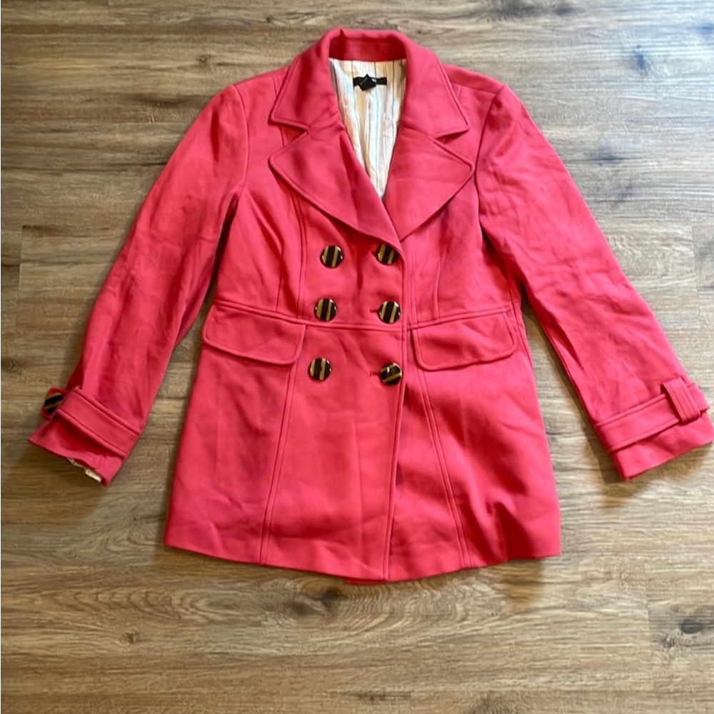 Alfani Bright Coral Pea Coat Blazer with Striped Button Detail